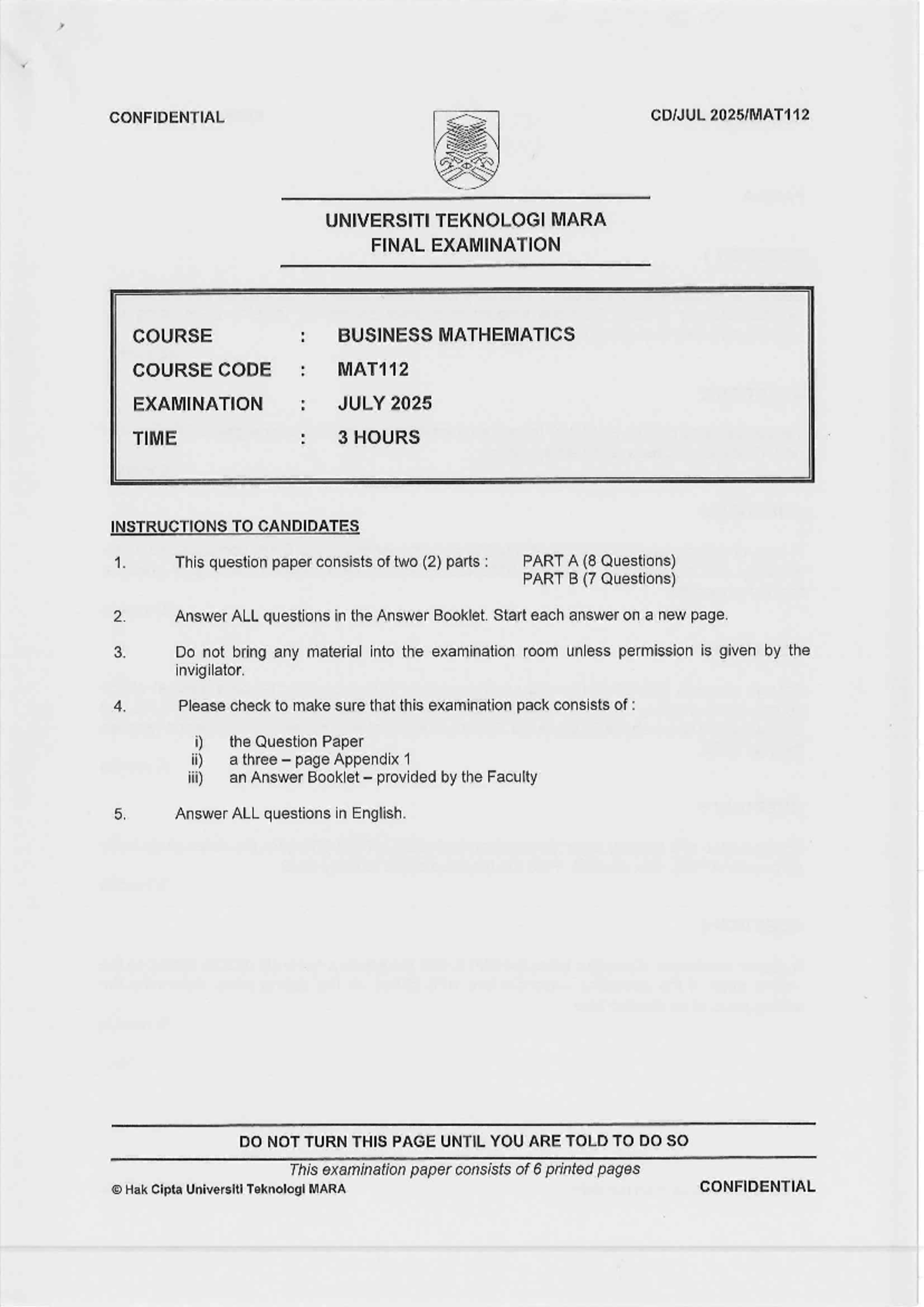 Final Exam MAT112: Business Mathematics July 2025 - Studocu