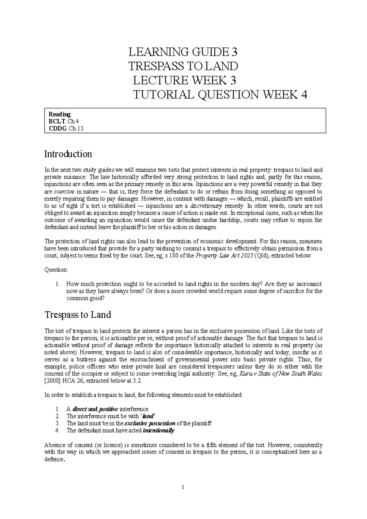 Torts I 2026 LG III: Trespass to Land Lecture & Tutorial Notes - Studocu