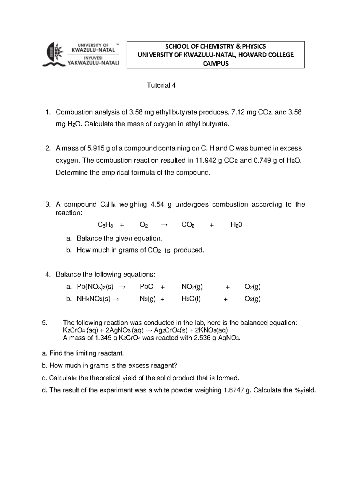 Tutorial 4: Combustion Analysis and Reaction Balancing (CHEM 0536 ...