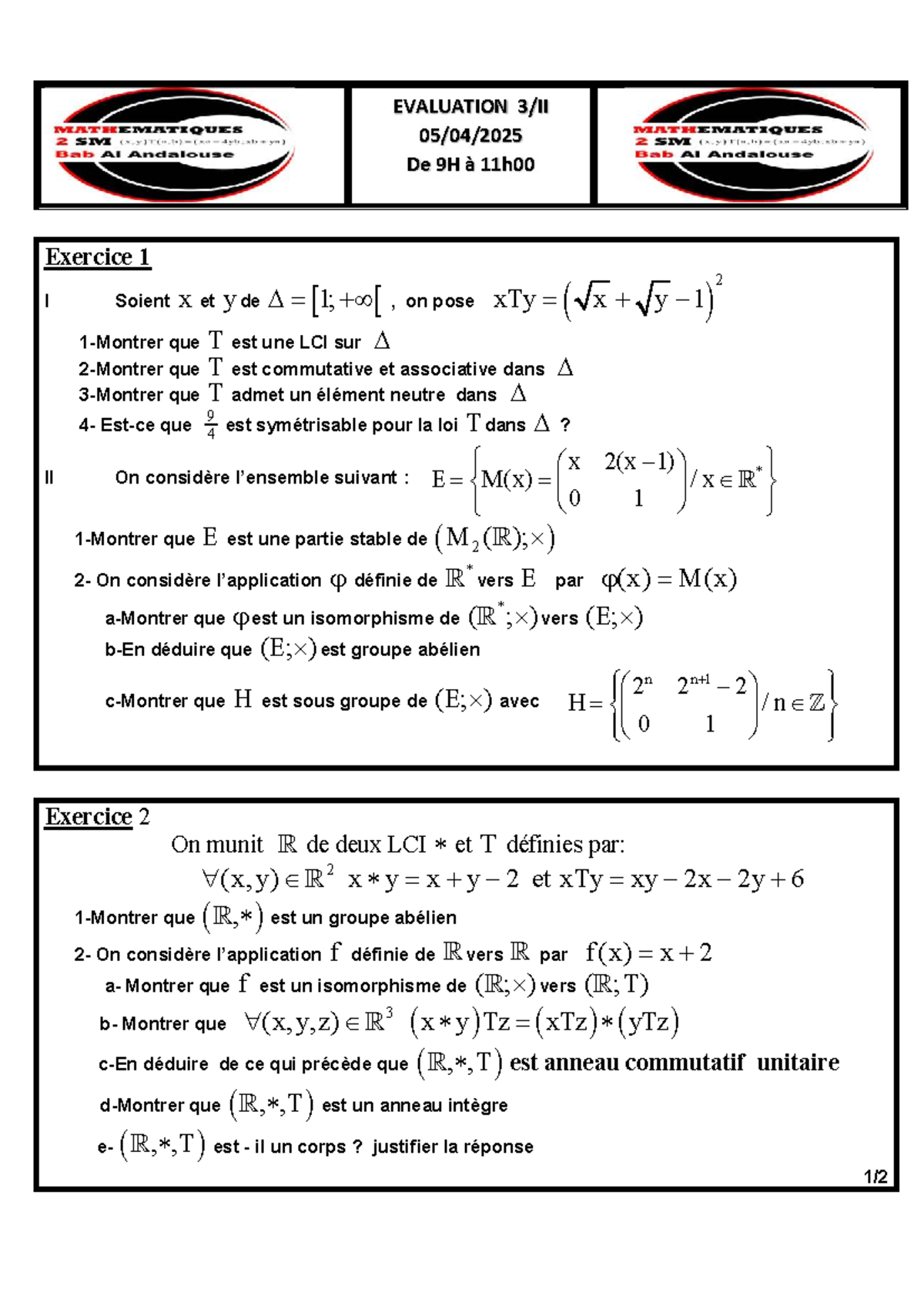 Évaluation Mathématiques 2BAC - Exercice 1 et 2 (2025) - Studocu