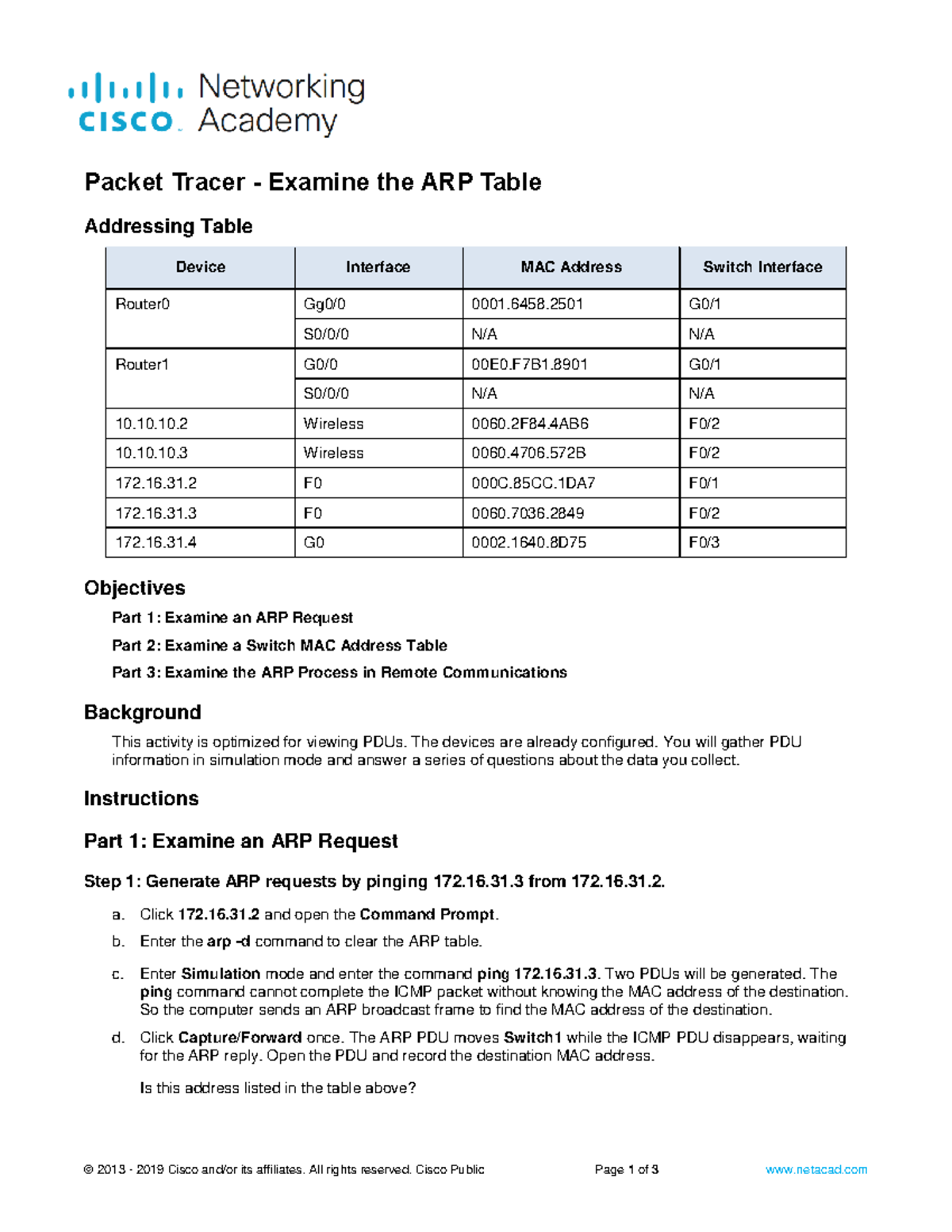 9.2.9 Packet Tracer: Analyzing the ARP Table and MAC Addresses - Studocu