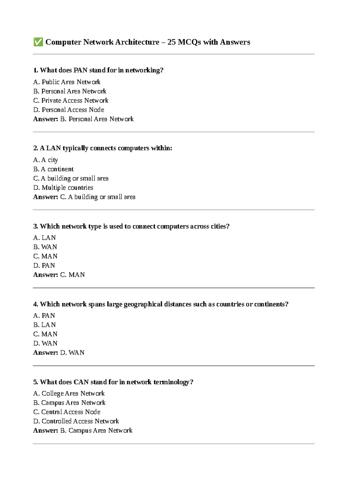 Computer Network Architecture: 25 MCQs & Answers for Exam Prep - Studocu