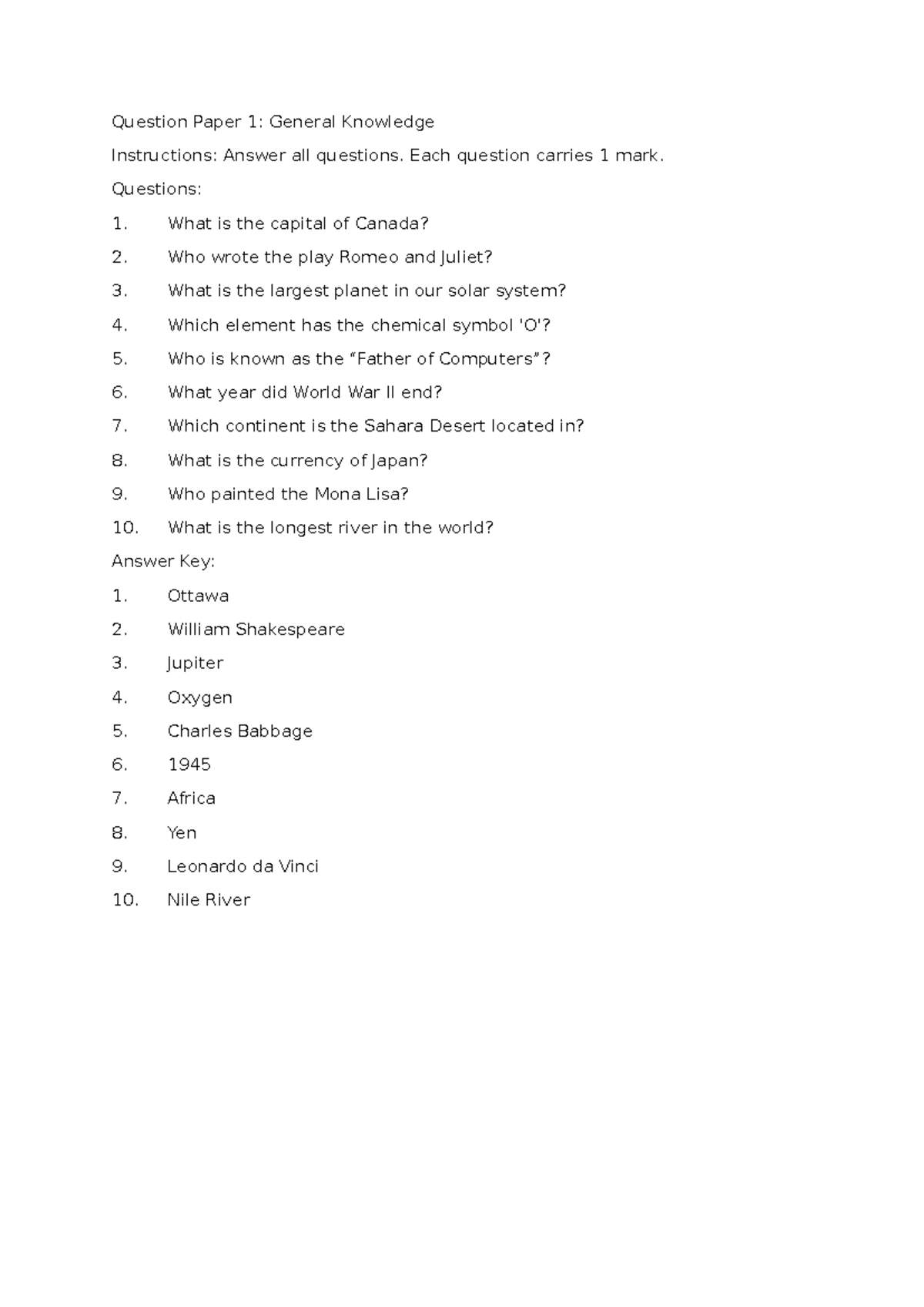 Question Paper 1: General Knowledge Quiz - Basic English - Studocu