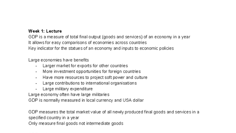 Economics 101: Week 1 Lecture on GDP Measurement and Implications - Studocu