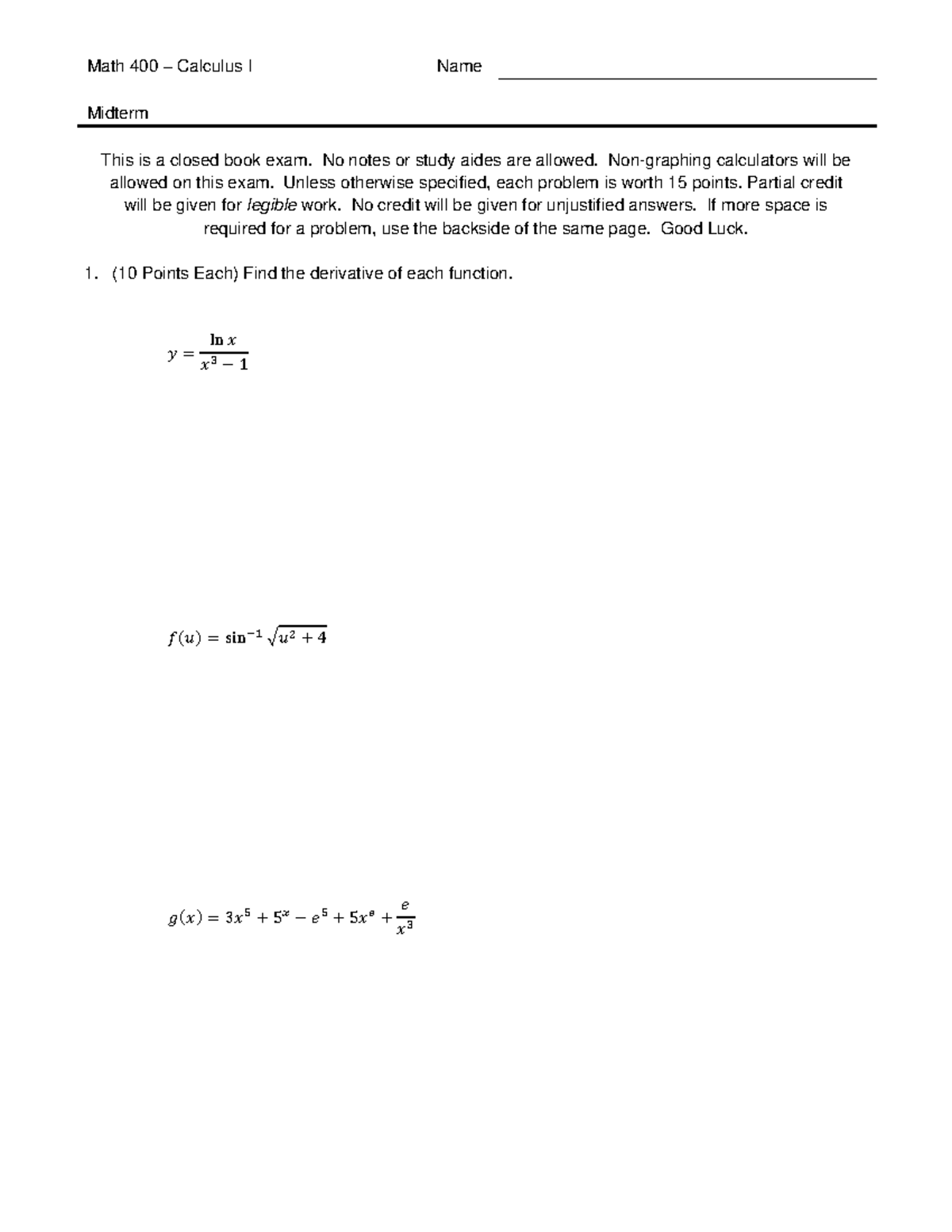 Math 400 – Calculus I Midterm Exam - Studocu
