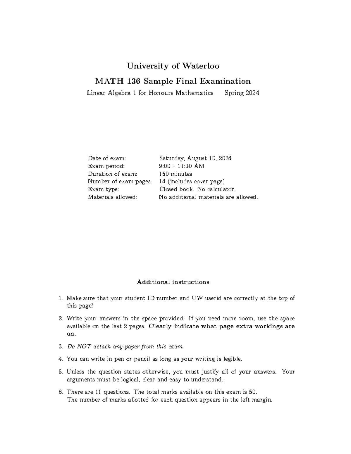 MATH 136 Sample Final Exam - Linear Algebra 1, Spring 2024 - Studocu