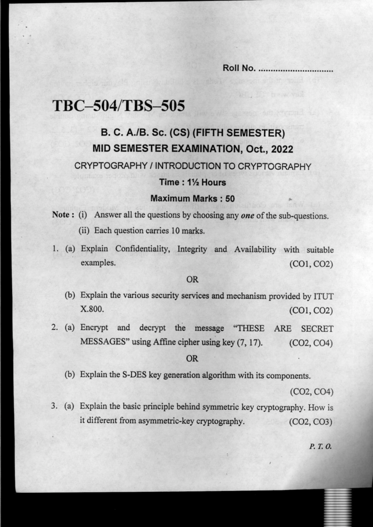 TBC-504 TBS-505 Mid Sem Exam Notes on Cryptography - Oct 2022 - Studocu