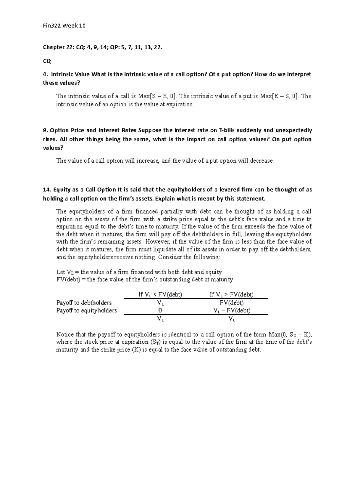 Fin322 Week 10 Tut Solutions: Option Pricing & Equity Value Insights ...