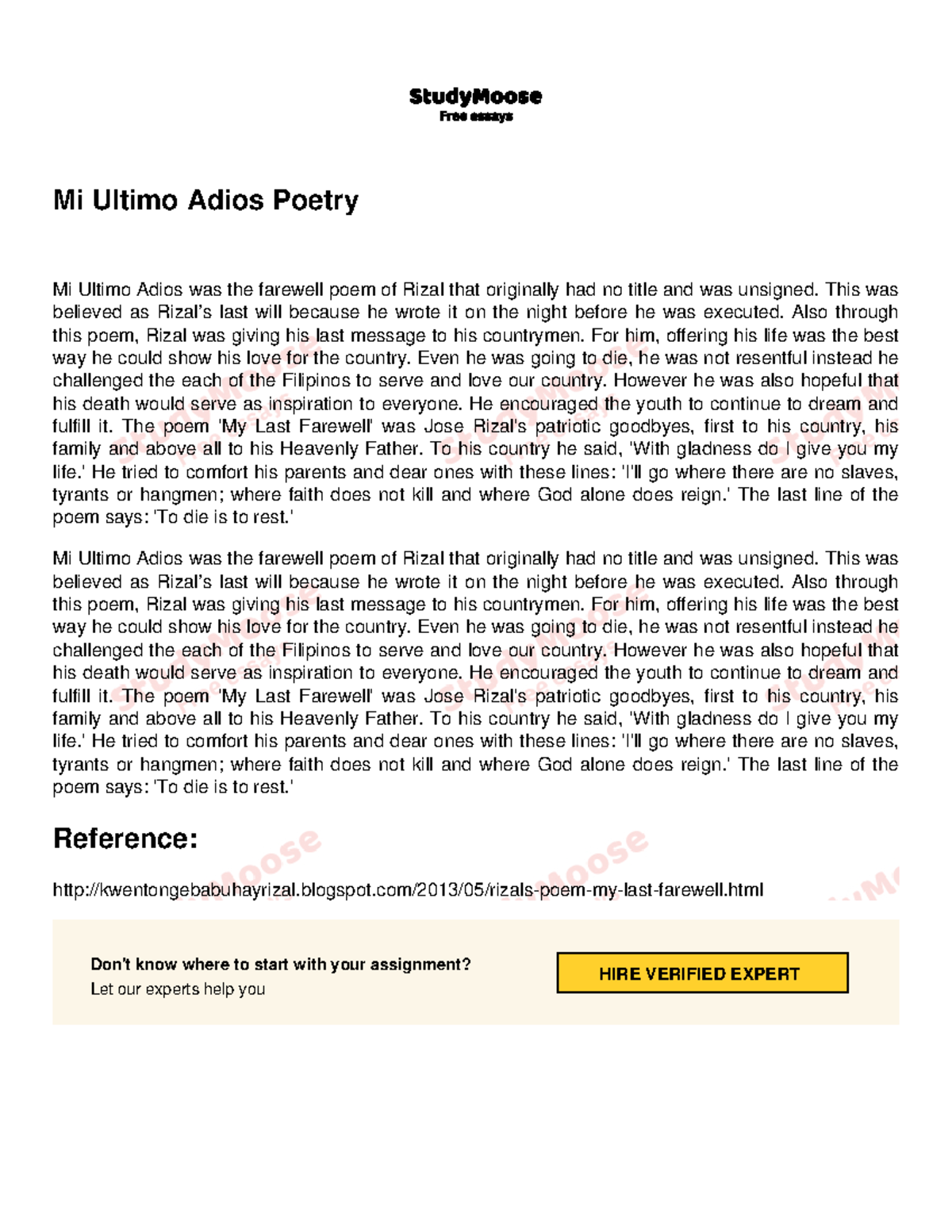 Mi Ultimo Adios: Rizal's Last Poem of Hope & Patriotism - Studocu