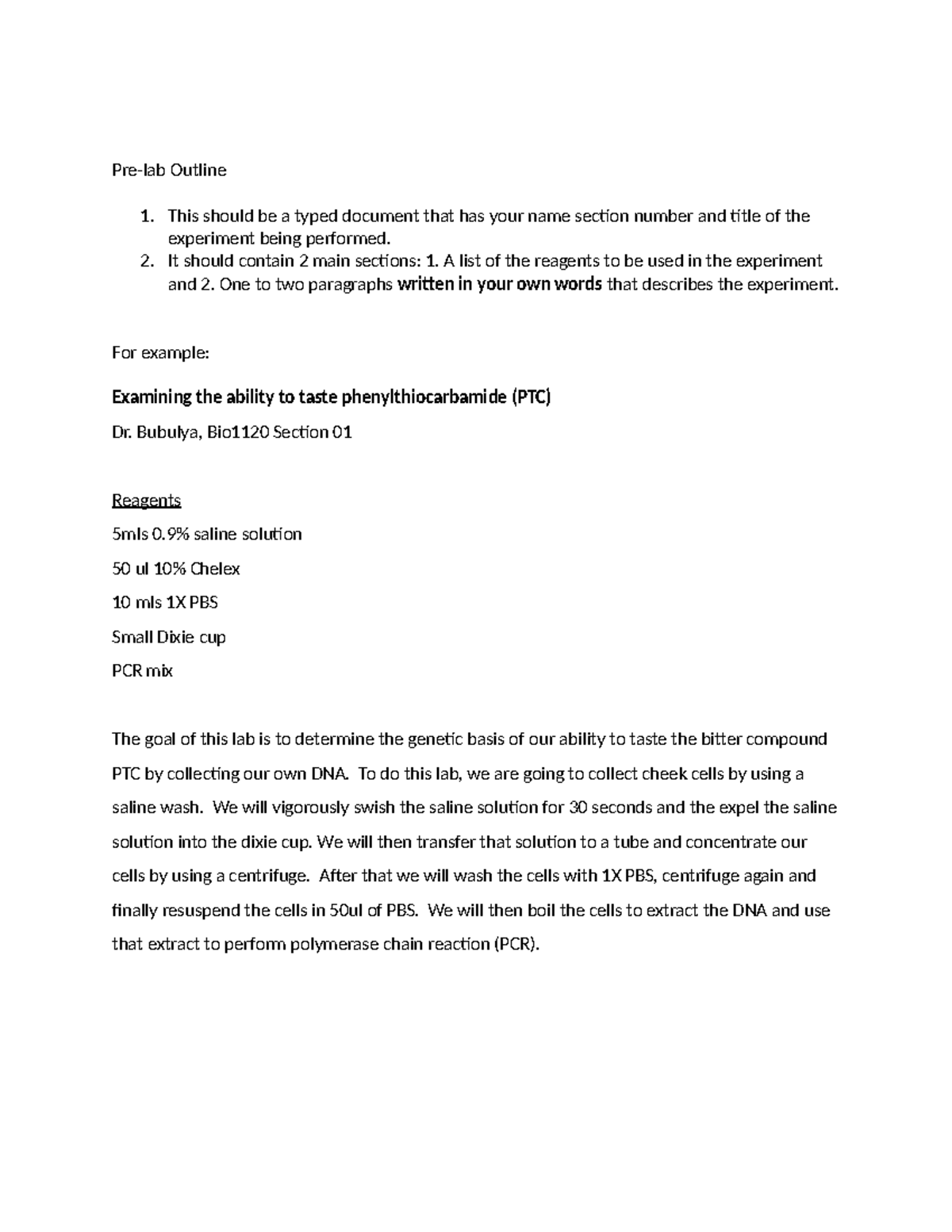 Bio1120 Experiment Guide: Pre-Lab Outline for PTC Tasting Lab - Studocu