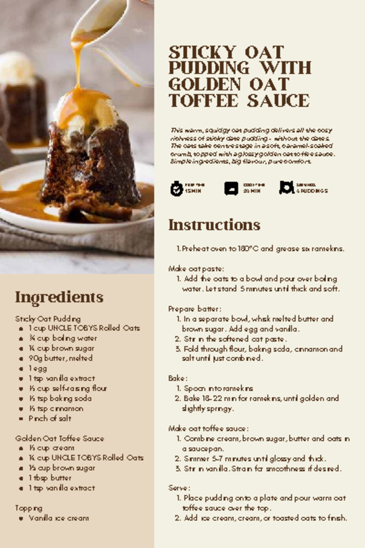 Recipe Card - Sticky Oat Pudding with Toffee Sauce - Studocu
