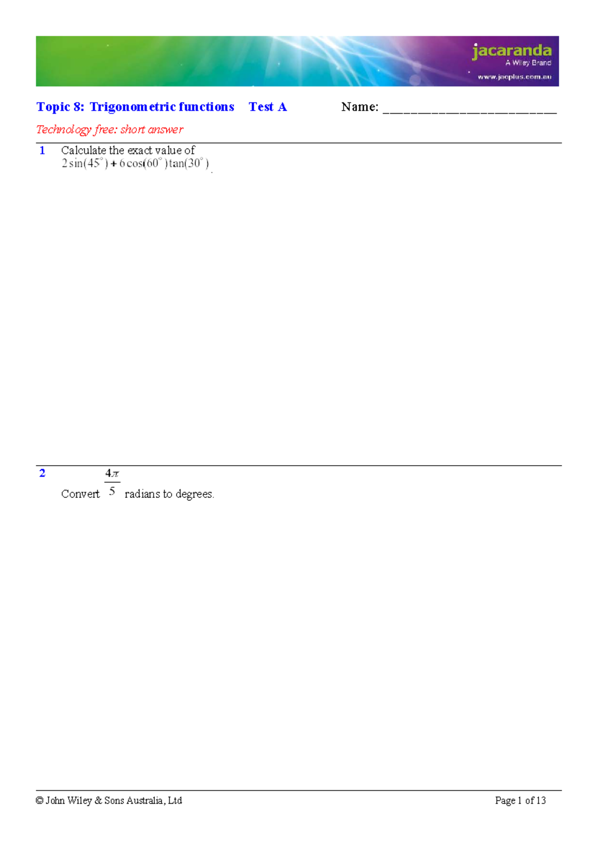 Topic 8: Trigonometric Functions Test A - Technology Free - Studocu