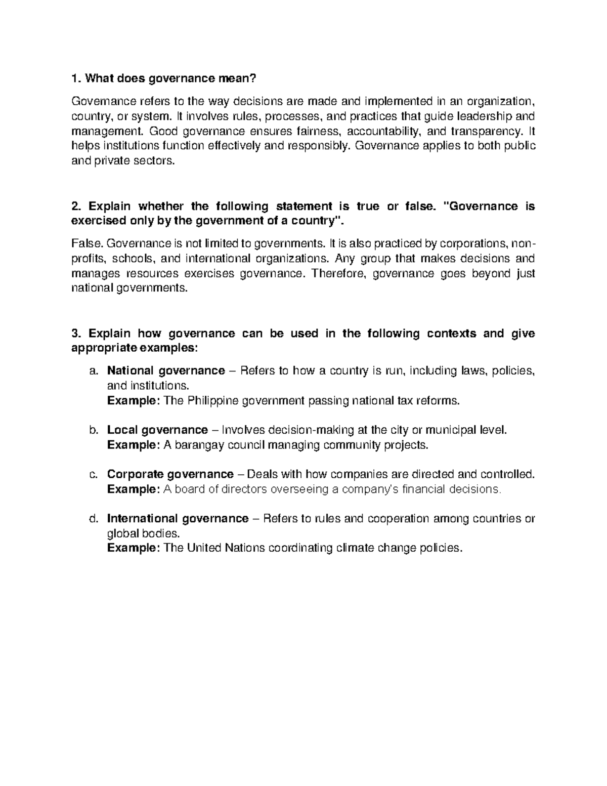 Governance Essay Questions (Chapt 1) - Key Concepts & Examples - Studocu