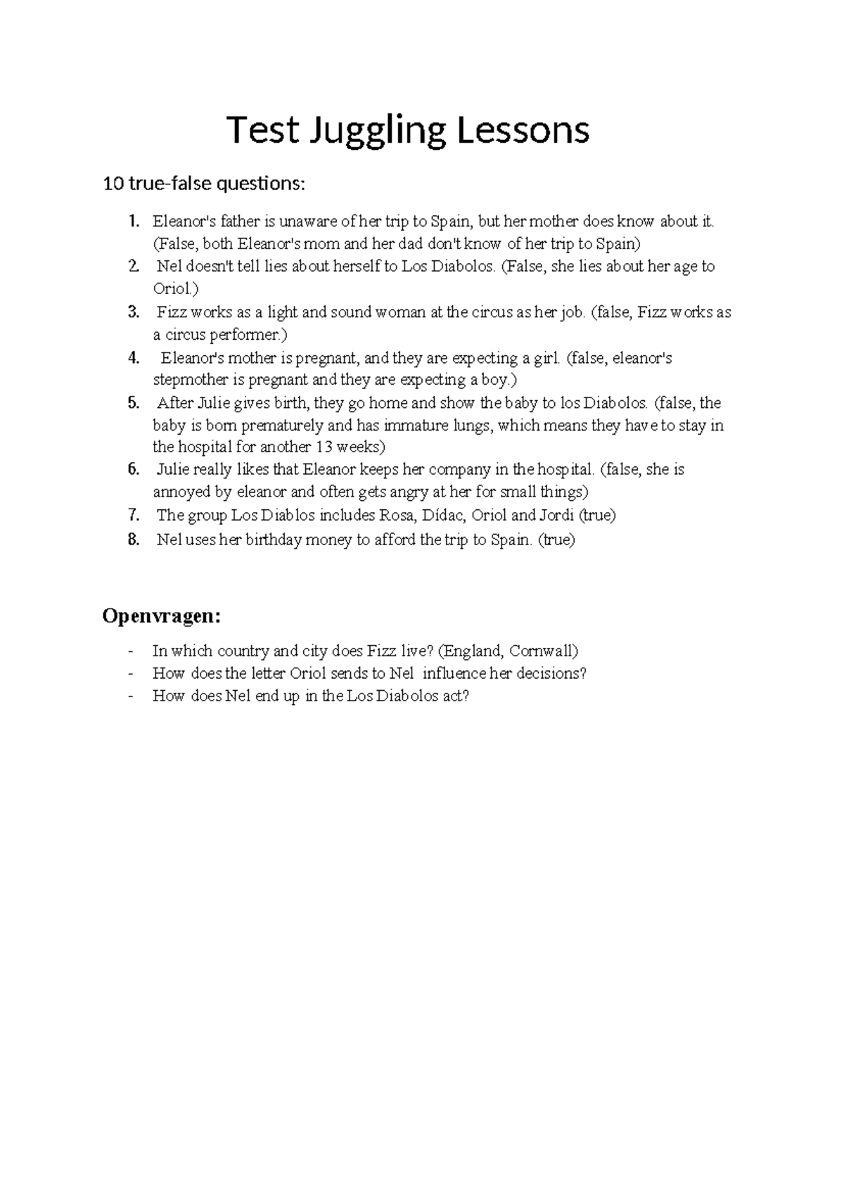 Test Study Notes: Juggling Lessons & True-False Questions - Studeersnel