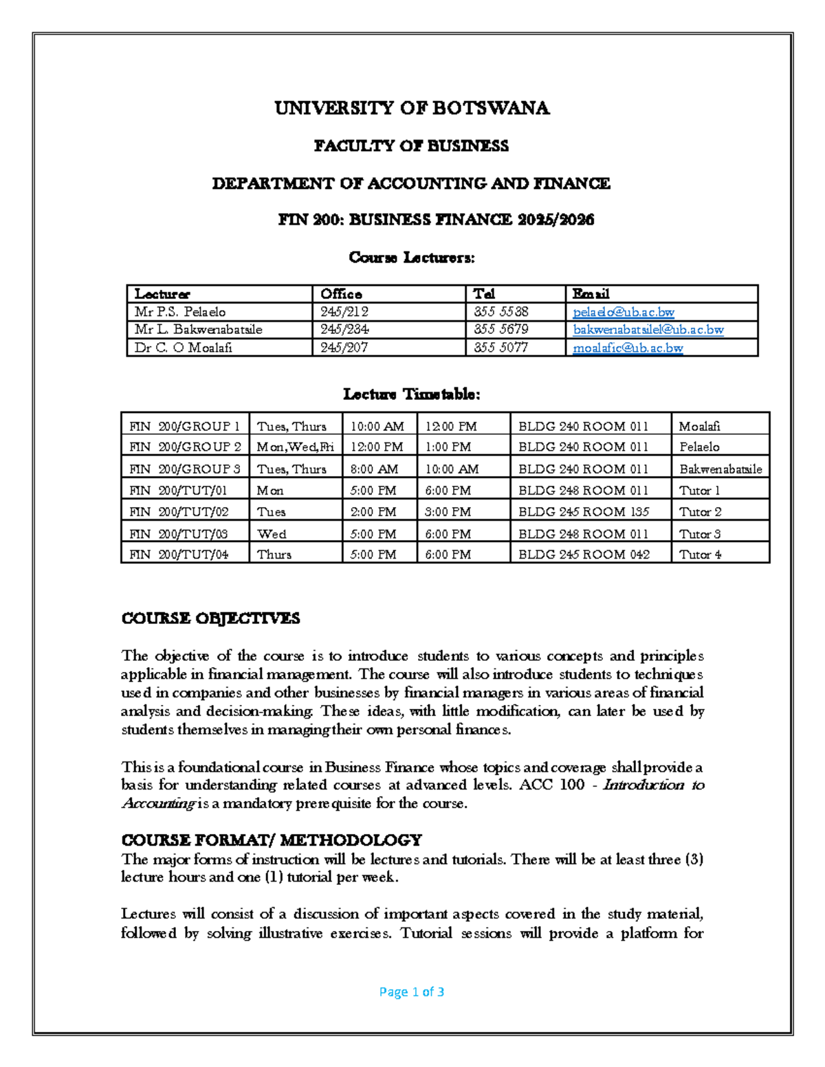 FIN 200: Business Finance Course Outline 2025 - Final Exam - Studocu