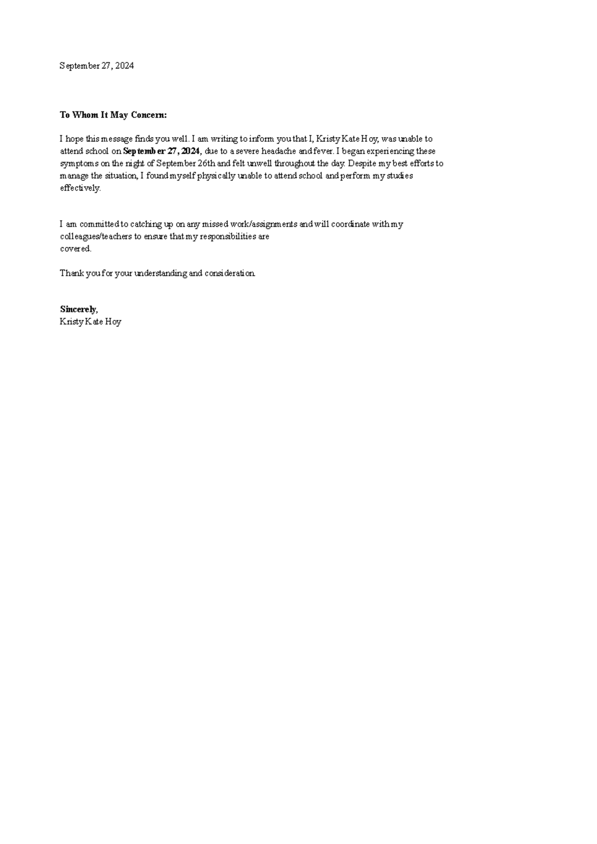 Absence Notification - September 27, 2024 - Studocu