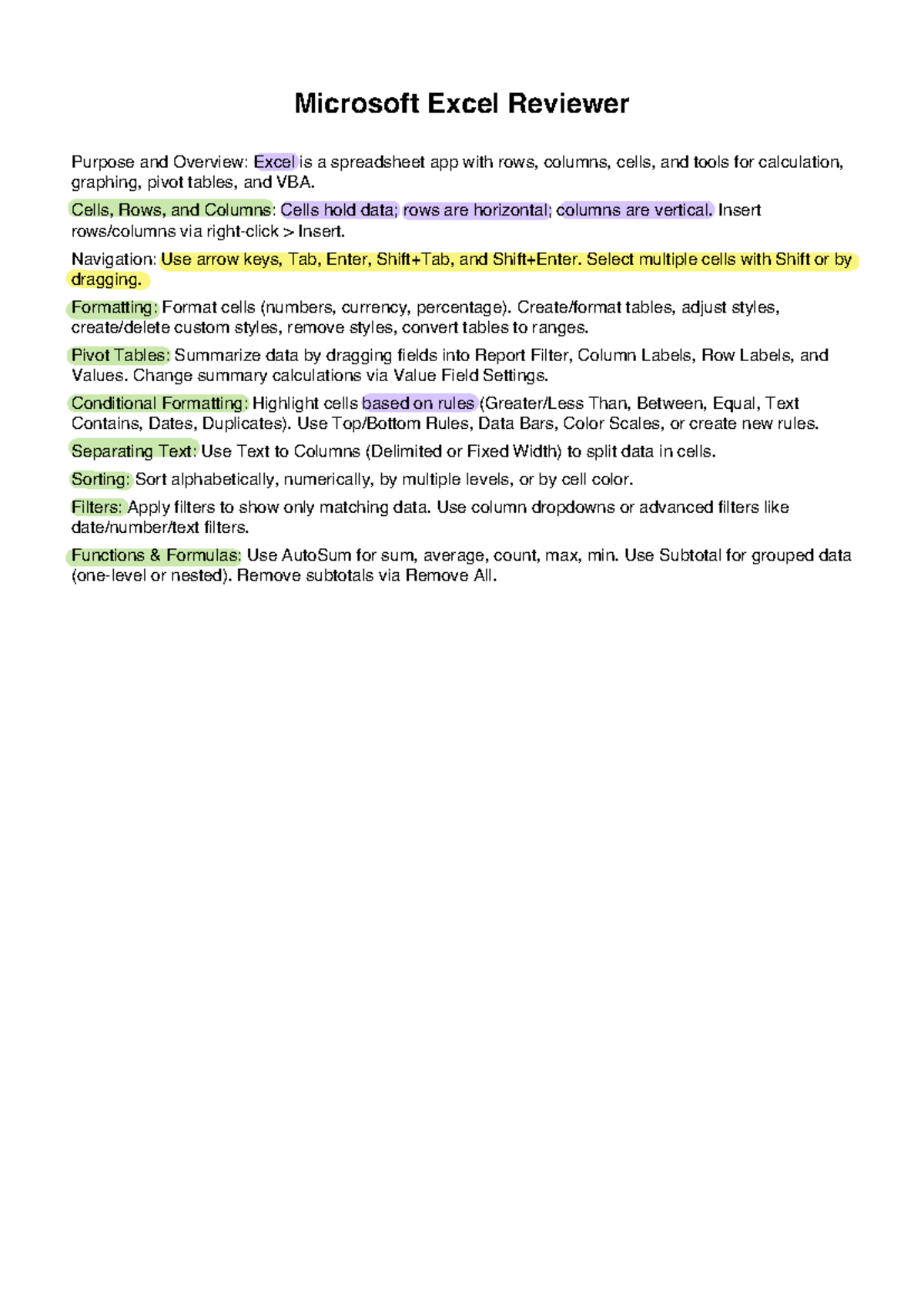 Excel Reviewer: Overview & Key Features for ACCIST - Studocu