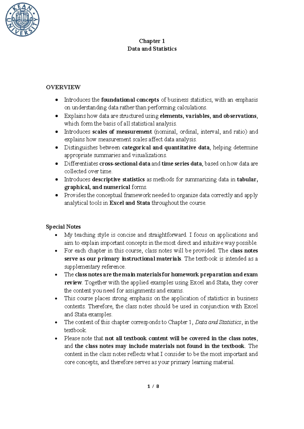 Chapter 1: Data and Statistics Overview - Kean Winter 2026 - Studocu