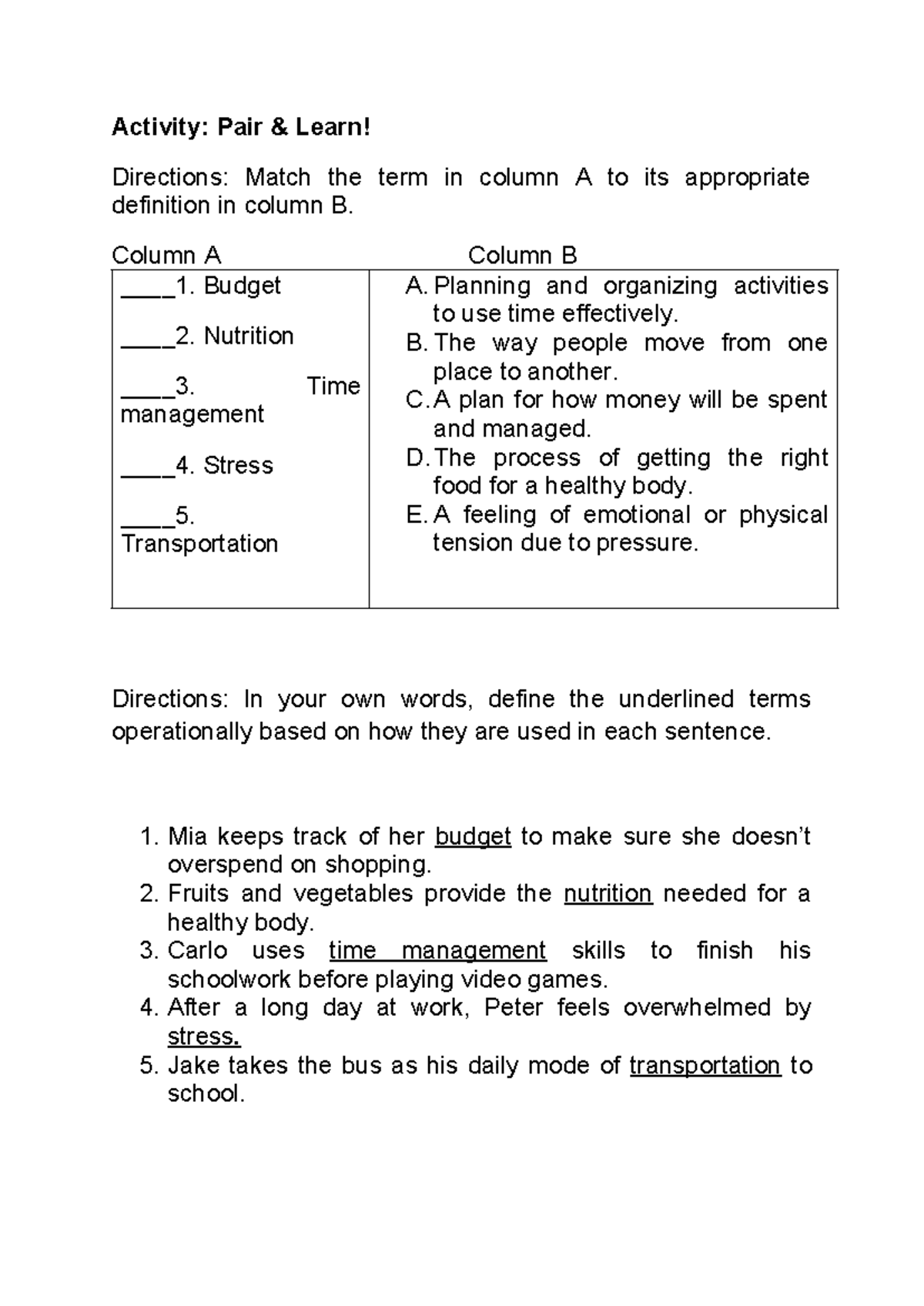Activity - Column A Column B ____1. Budget ____2. Nutrition ____3. Time ...