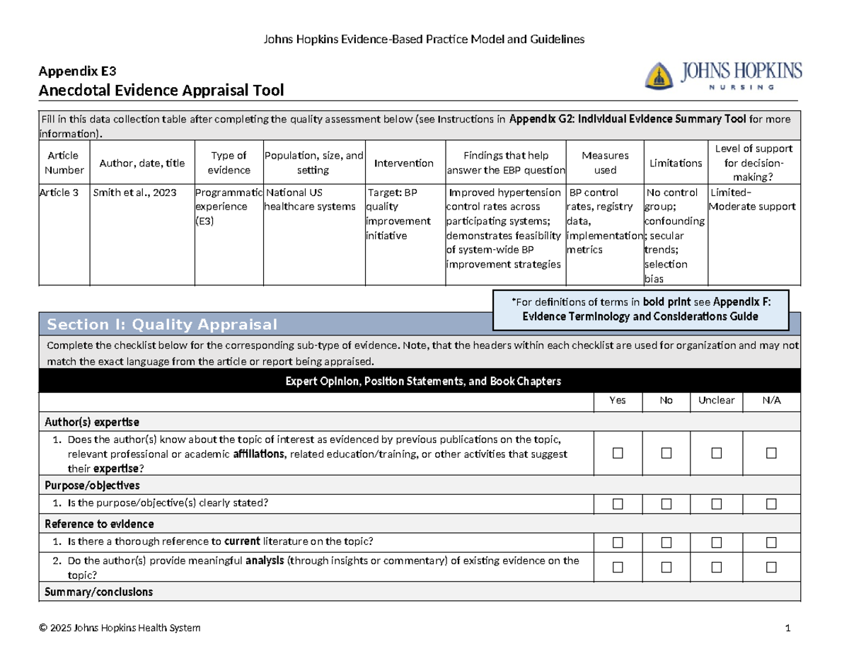 Johns Hopkins Practice Model Guidelines: Appendix E3 Evidence Appraisal ...
