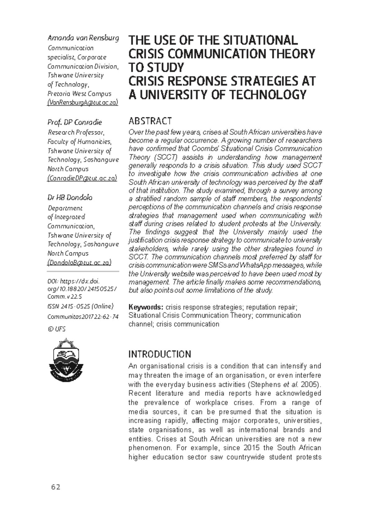 Crisis Communication Strategies at TUT: An SCCT Analysis - Studocu