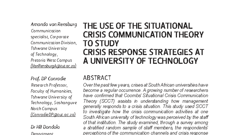 Crisis Communication Strategies at TUT: An SCCT Analysis - Studocu