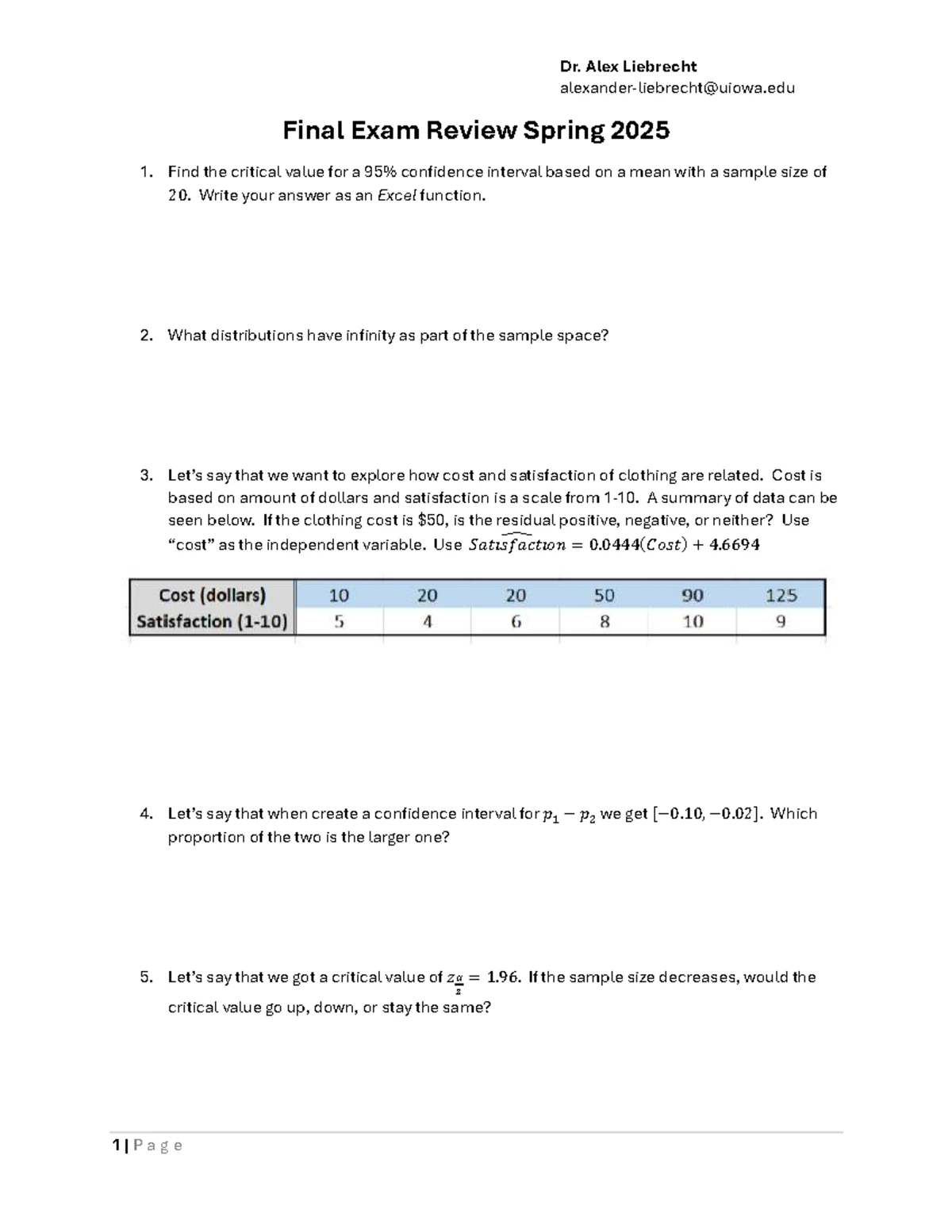Final Exam Review for STAT 121: Hypothesis Testing & Confidence ...
