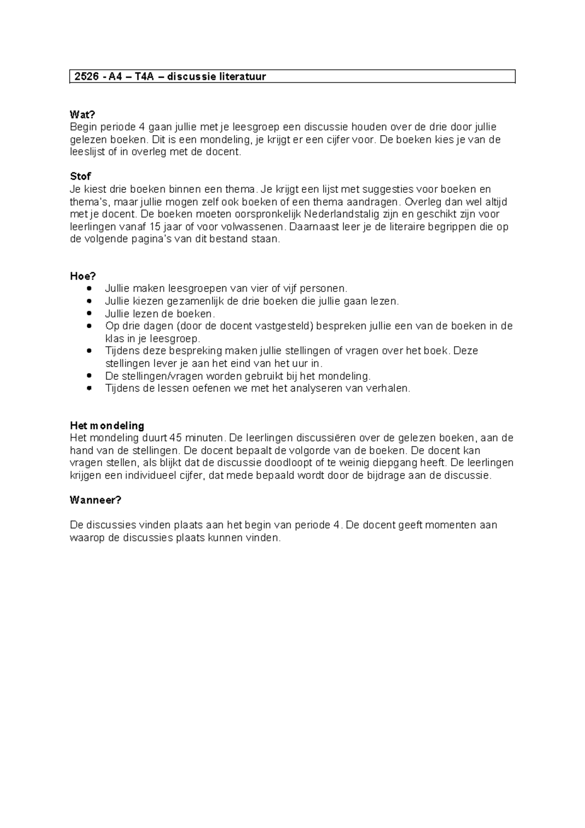 2526 A4 T4A Handreiking voor de Discussie over Literatuur - Studeersnel