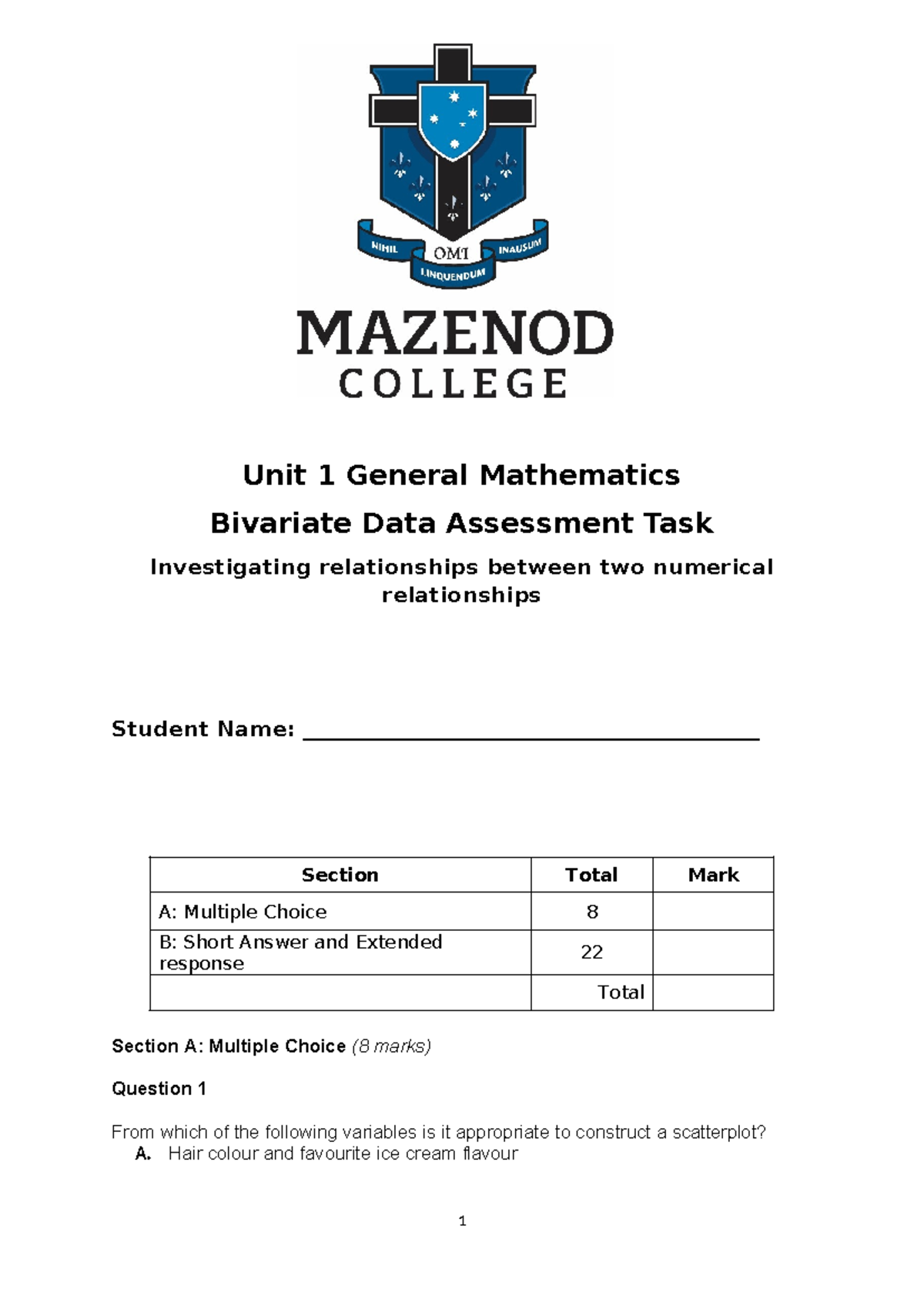 Bivariate Data Assessment Task - General Mathematics Unit 1 (2024 ...