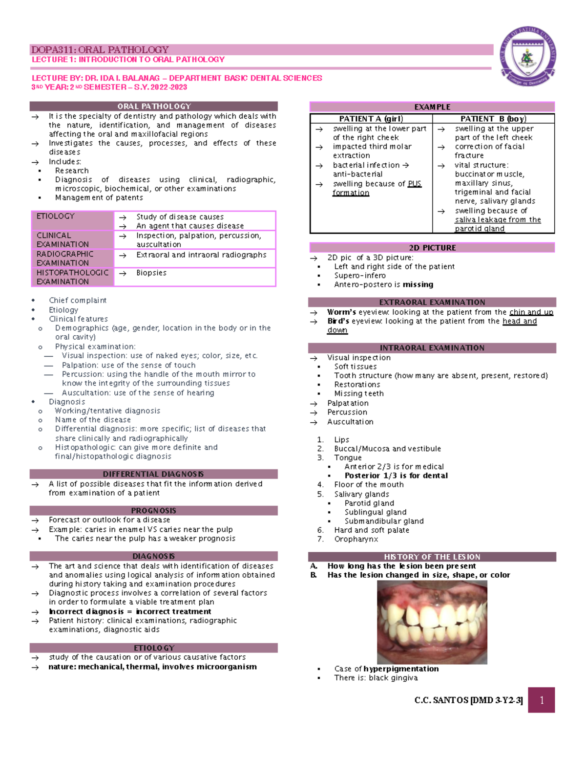 DOPA311: Intro to Oral Pathology Lecture 1 Notes by Dr. Balanag - Studocu