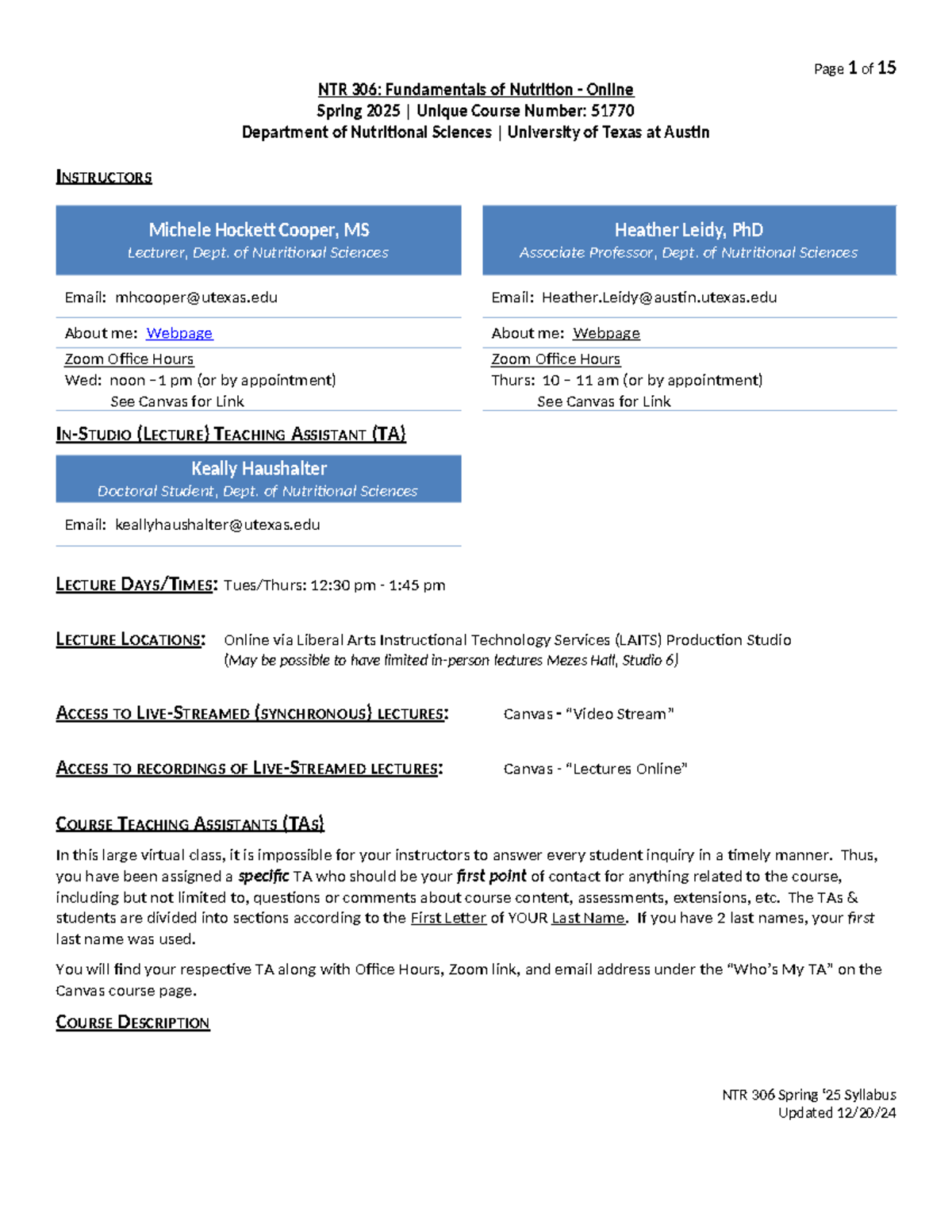 NTR306 Spring 2025 Syllabus: Fundamentals of Nutrition Overview - Studocu