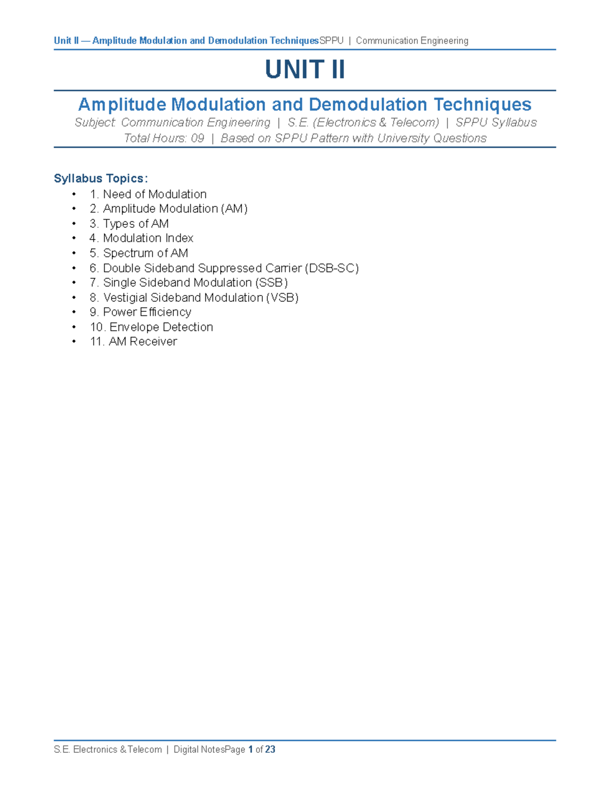 Unit II Amplitude Modulation & Demodulation Techniques - SPPU ...