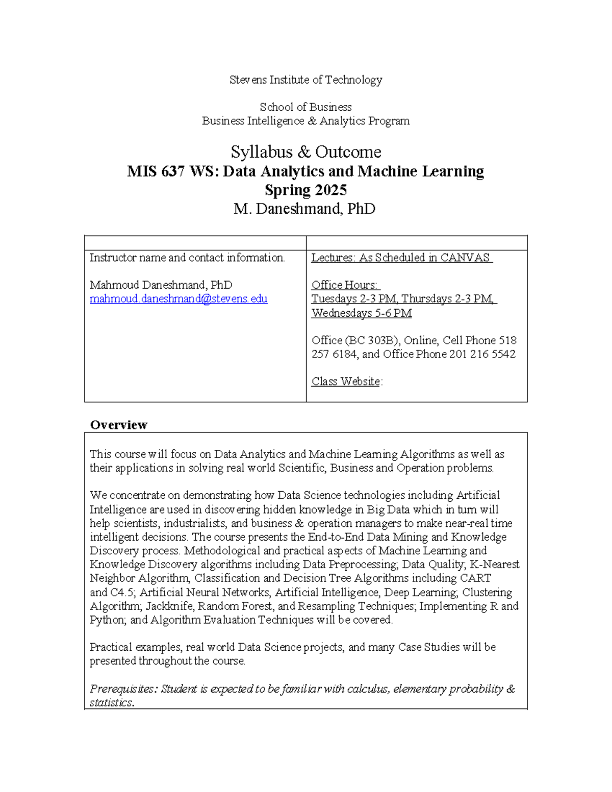 MIS 637 WS Spring 2025 Syllabus: Data Analytics & ML Overview - Studocu