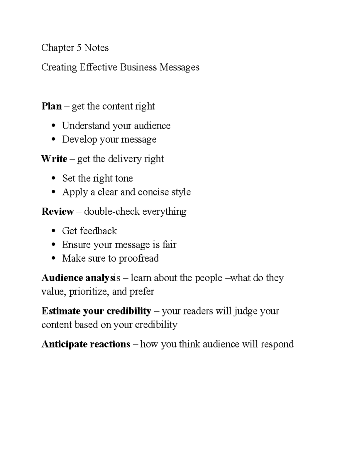 Chapter 5 notes - Chapter 5 Notes Creating Effective Business Messages ...