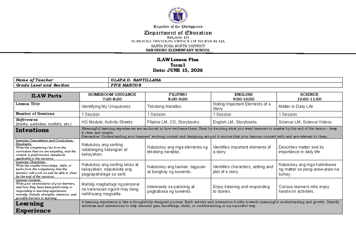 ILAW-LP-WEEK 1 DAY 1 - lesson plan - SANTA ROSA NORTH DISTRICT SAN ...