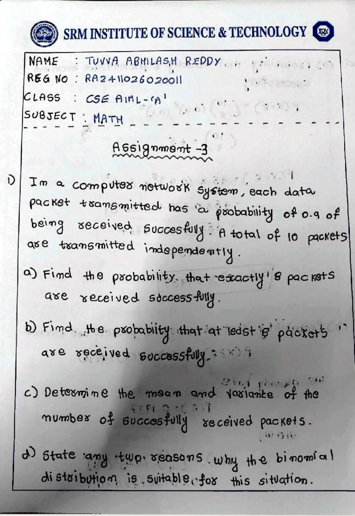 Maths Assignment 1 - CSE - SRM Institute of Science Technology - Studocu