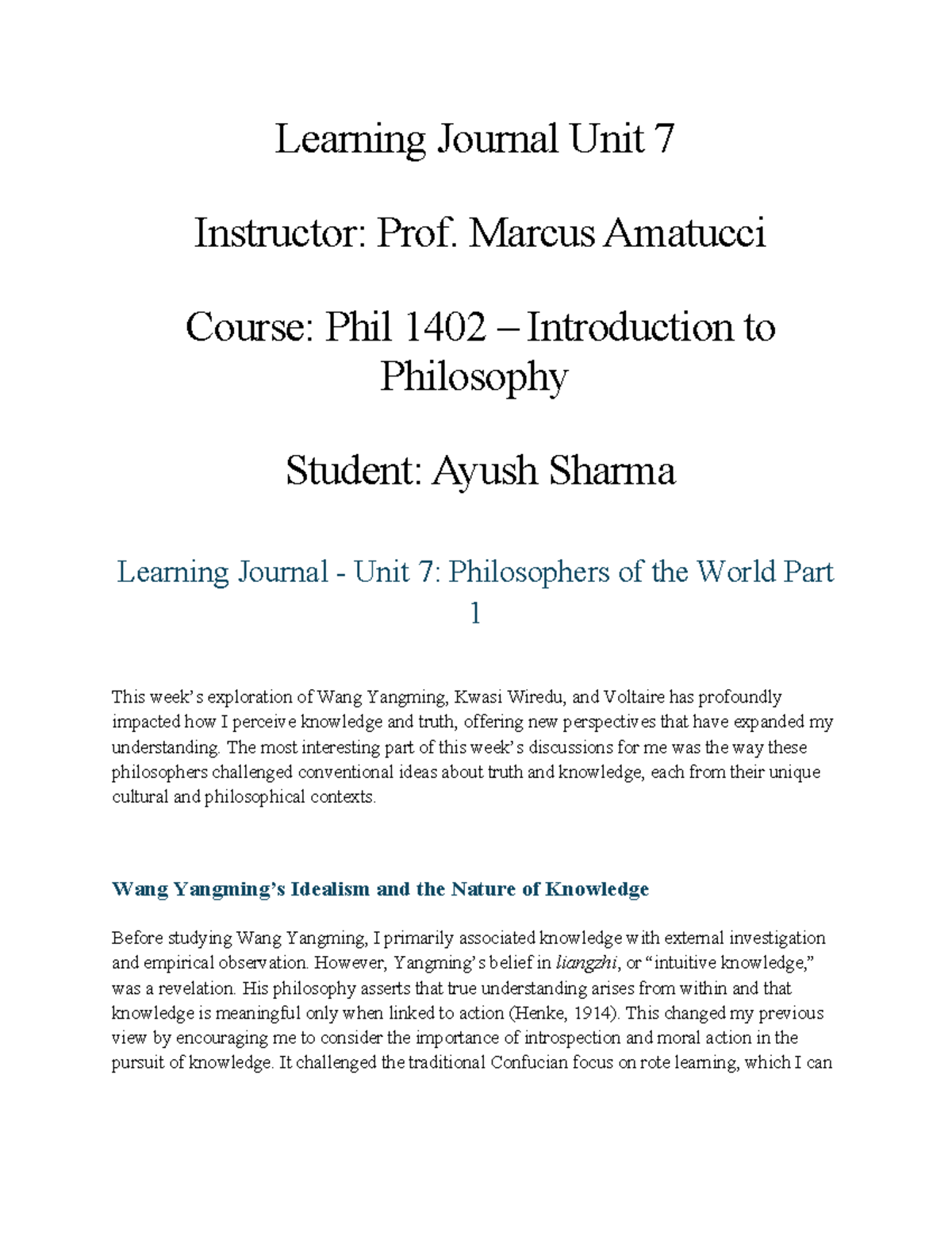 Philosophy Learning Journal Unit 7: Insights from Key Philosophers ...