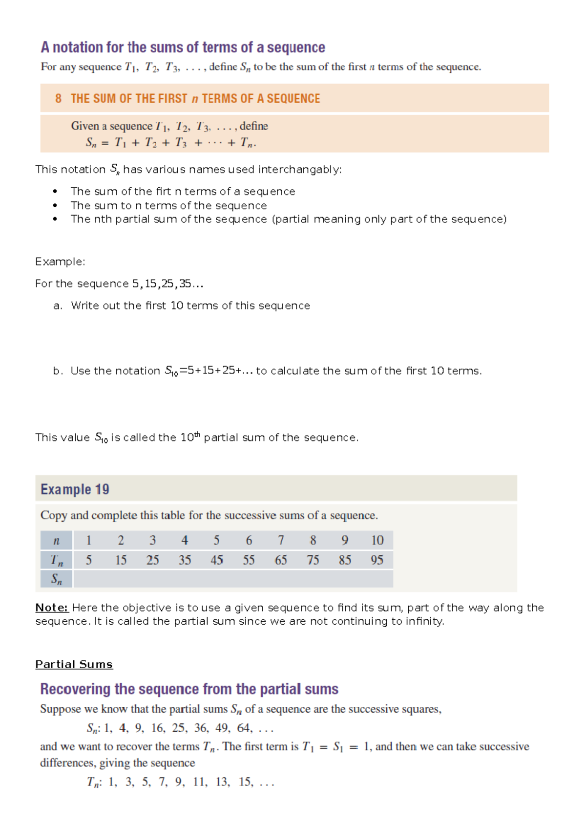 Taking the sum of a sequence - This notation Sn has various names used ...