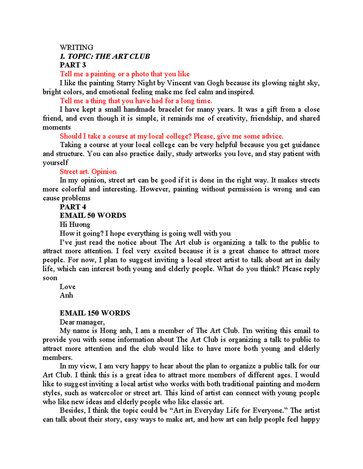 WRITING 1: THE ART CLUB - PART 3 & 4 EMAILS - Studocu