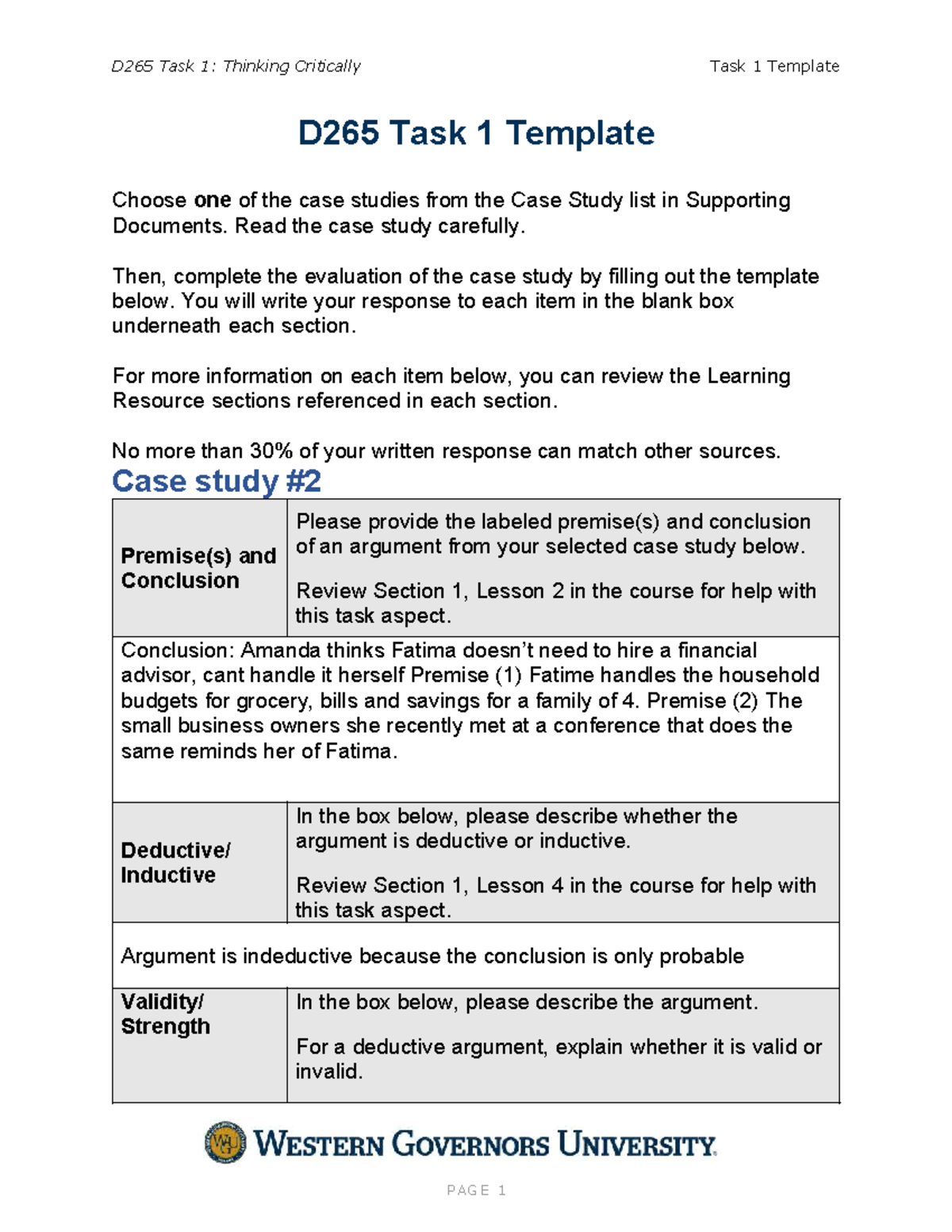 D265 Task 1: Critical Thinking Case Study Evaluation Template - Studocu