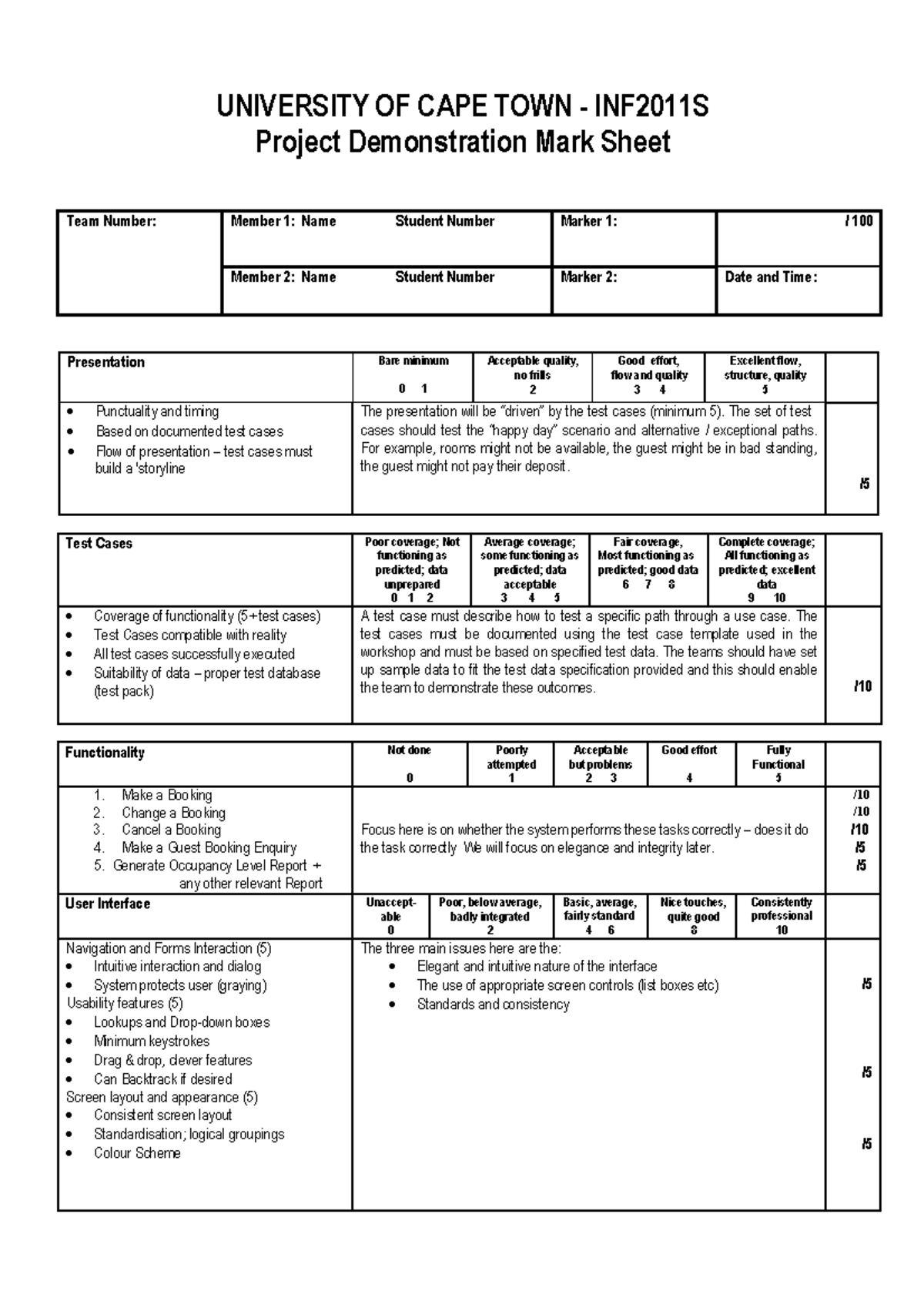UCT INF2011S Project Evaluation Form - Demonstration Mark Sheet - Studocu