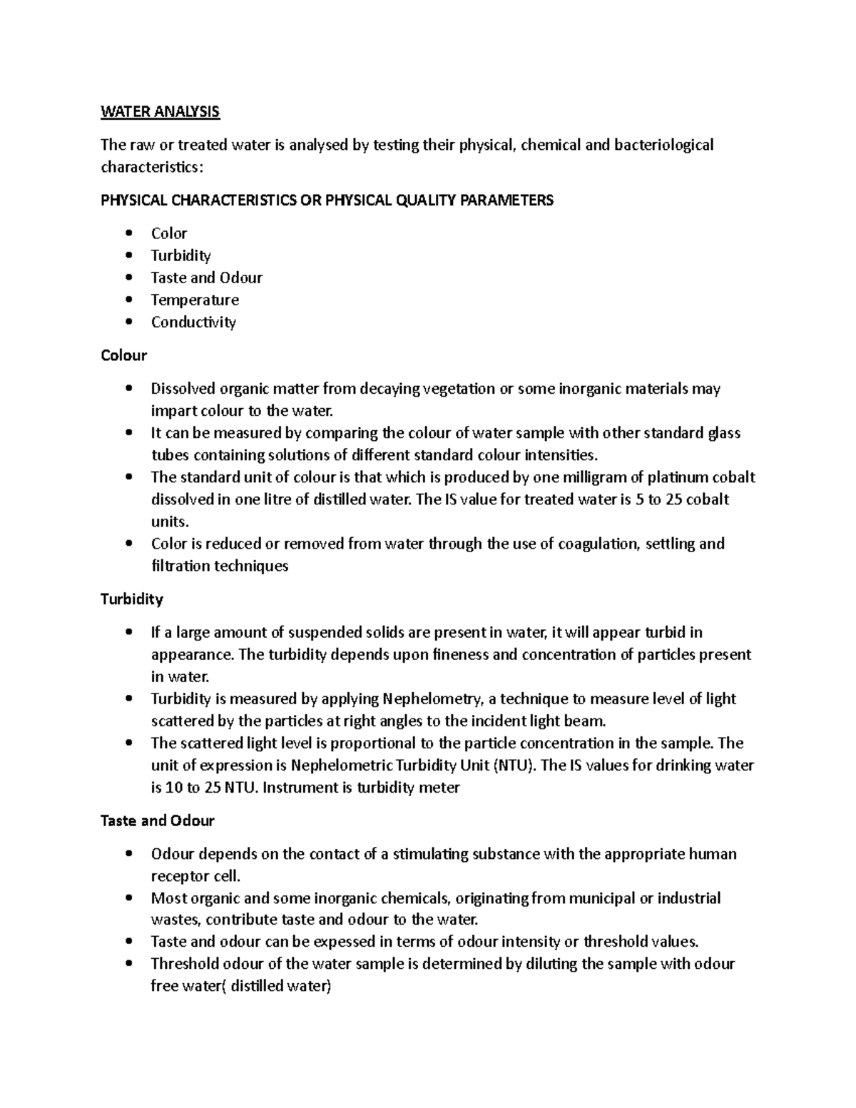 Water Analysis Lecture Notes: Key Physical, Chemical & Bacteriological ...