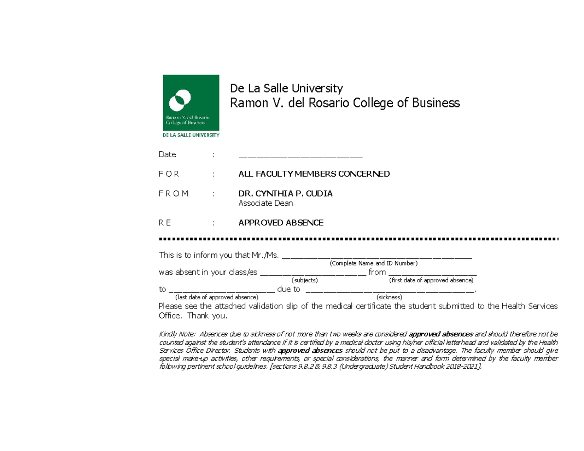 Approved Absence Notification for Students - DLSU Guidelines - Studocu