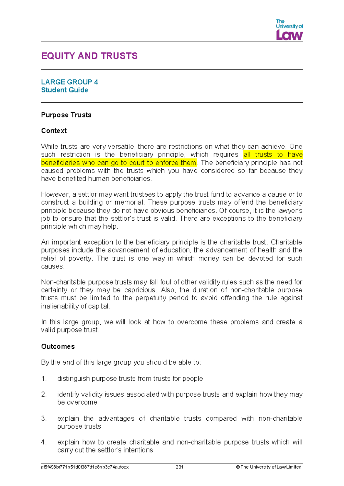 EQUITY AND TRUSTS (E&T) Unit 4 - Purpose Trusts: Charitable & Non ...