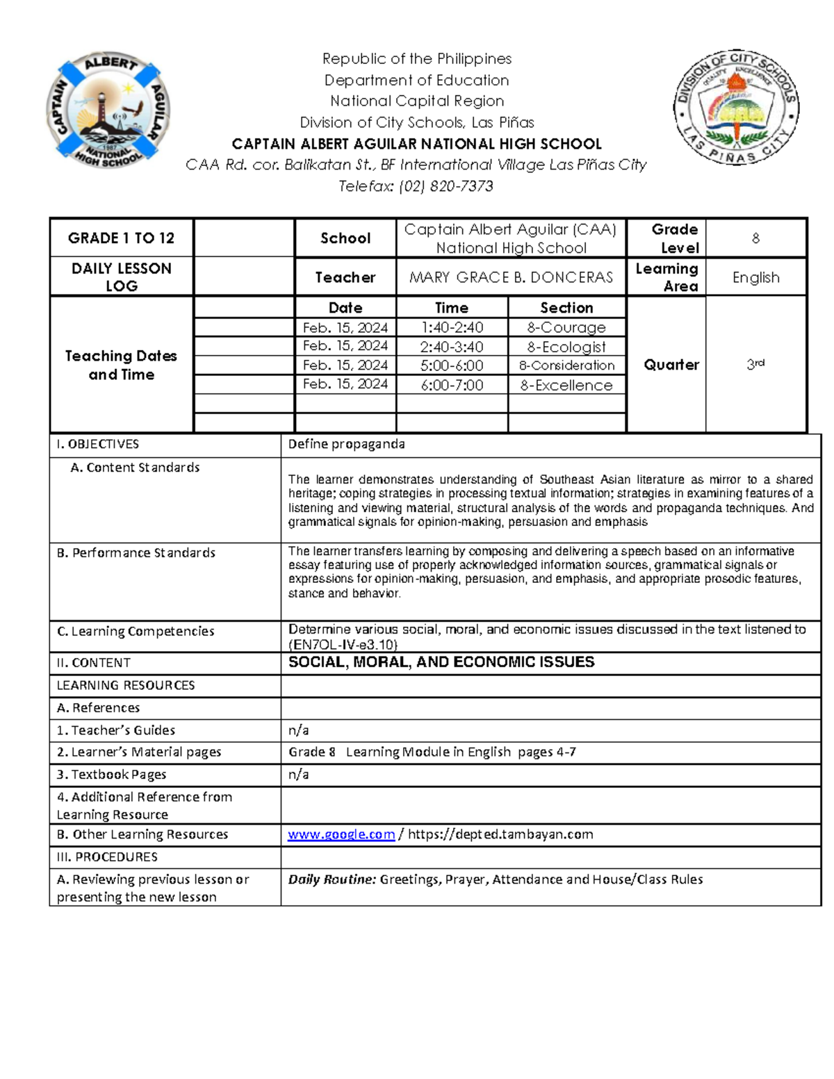 DLL Issues 3rd COT3 - Grade 8 English Lesson Notes - Studocu