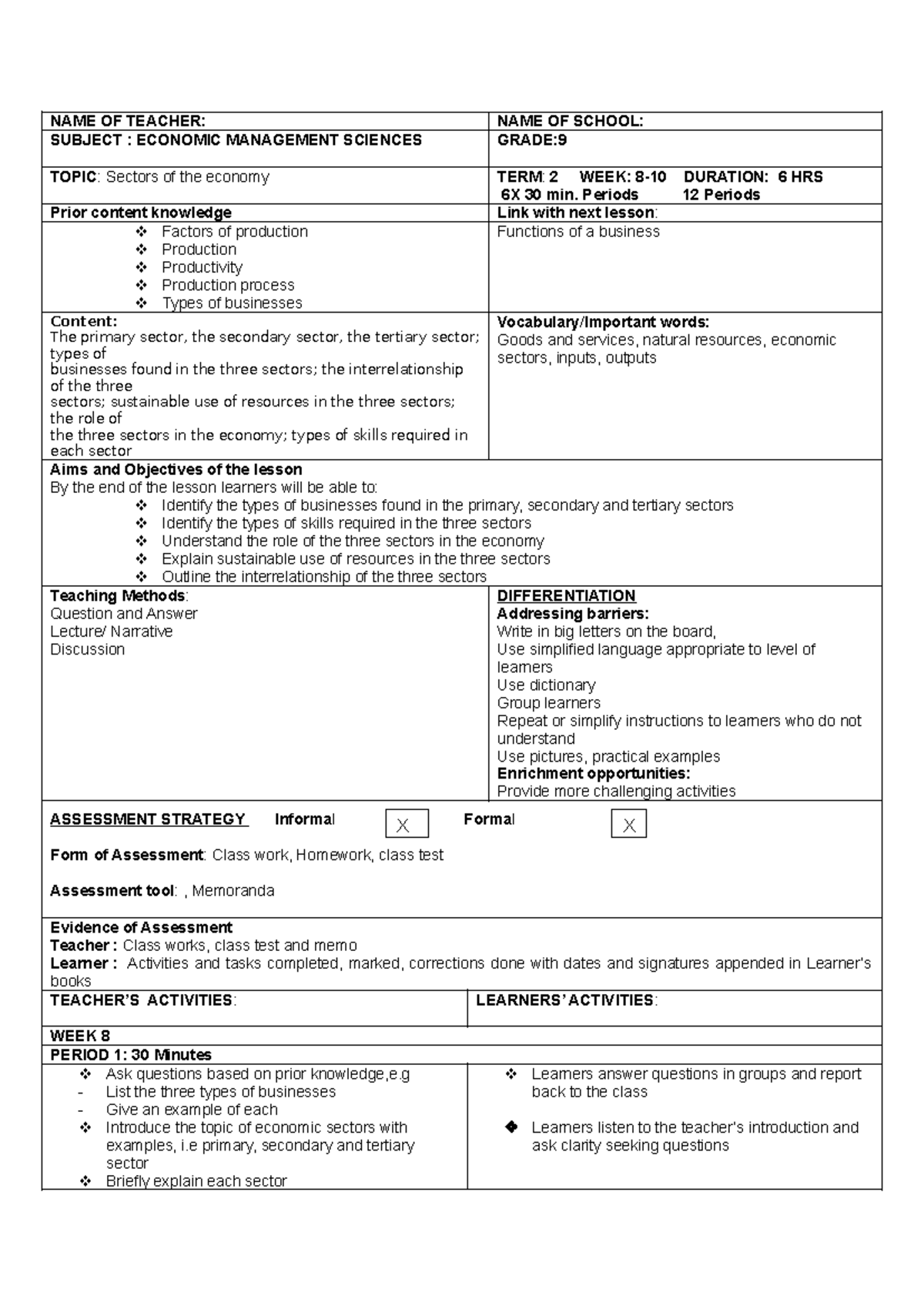 Grade 9 Economic Management Sciences Lesson Plan - Term 2 Weeks 8-9 ...