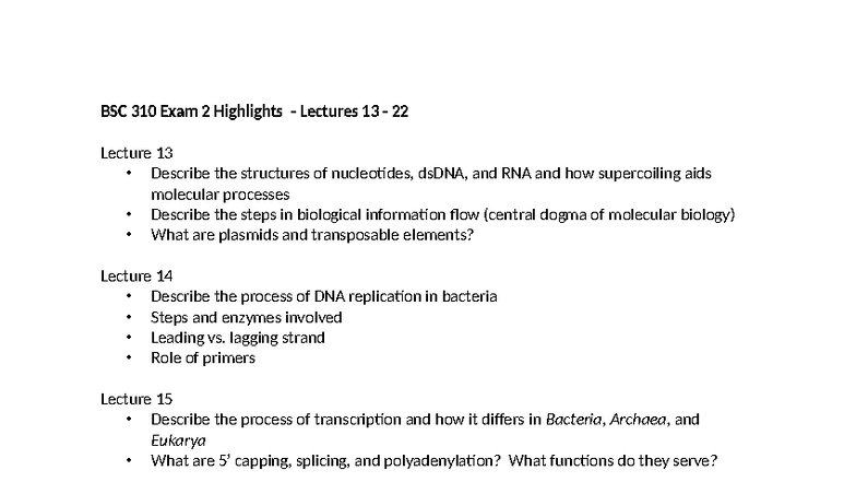 BSC 310 Exam 2 Highlights: Key Concepts from Lectures 13-18 - Studocu