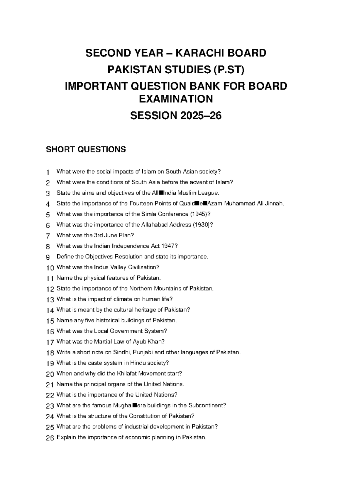 Pakistan Studies (P.ST) Important Question Bank XII KB 2025-26 - Studocu