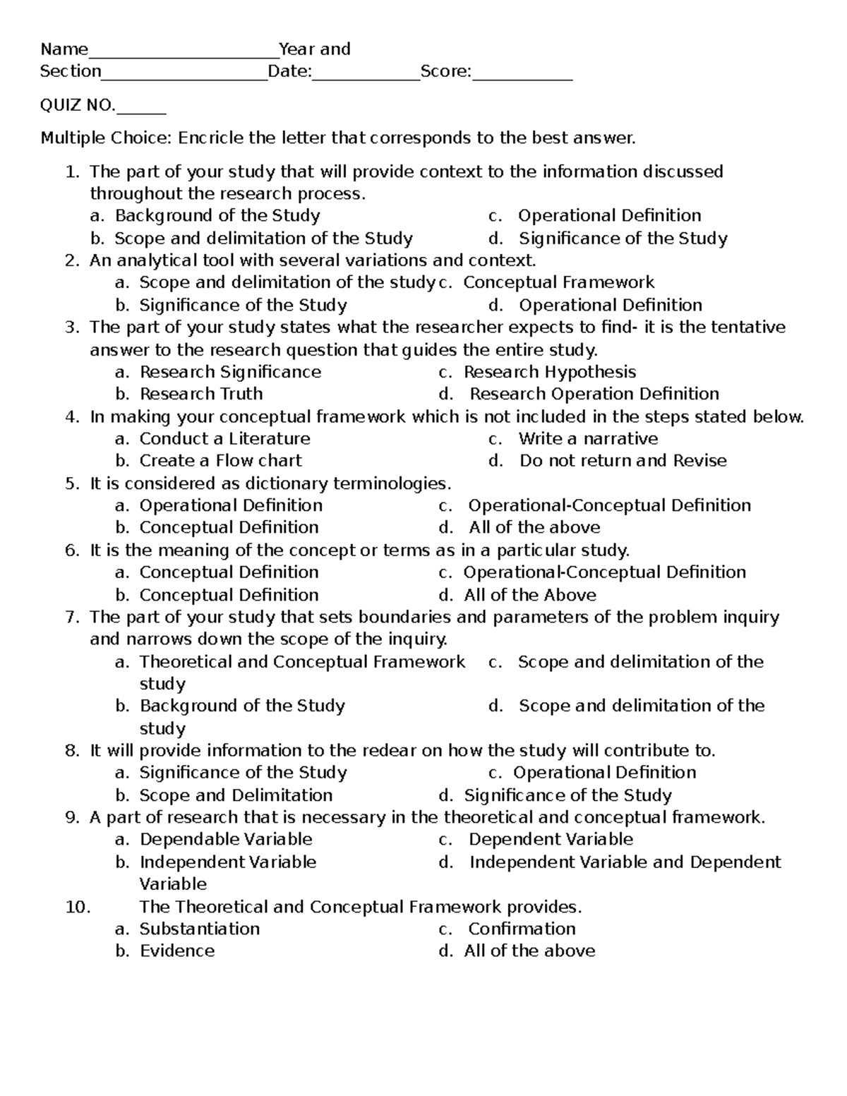QUIZ III: Multiple Choice Questions on Research Concepts and Frameworks ...