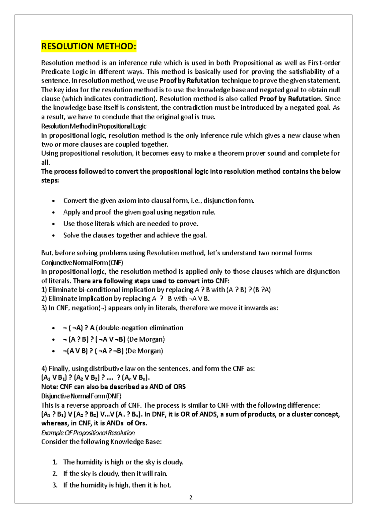 FAI-UNIT 5 - Good notes - RESOLUTION METHOD: Resolution method is an ...